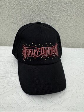 Harley Davidson Studded Script Hat Black Pink Rhinestone Bling OS One Size